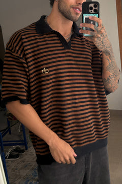 Drop Shoulder Striped Fine Knit Polo | Brown