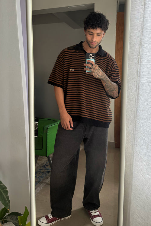 Drop Shoulder Striped Fine Knit Polo | Brown