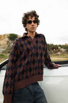 Vintage Brown Jacquard Knit Pullover