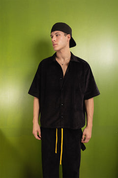 Boxy Fit Corduroy Button Down Shirt –Black