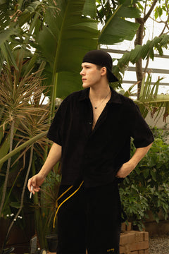 Boxy Fit Corduroy Button Down Shirt –Black