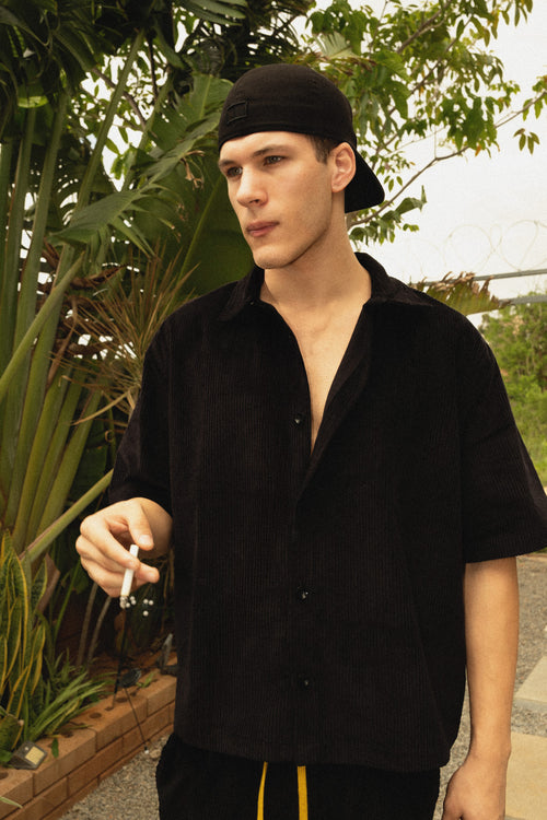 Boxy Fit Corduroy Button Down Shirt –Black