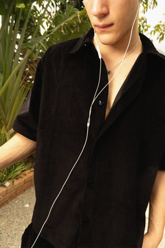 Boxy Fit Corduroy Button Down Shirt –Black
