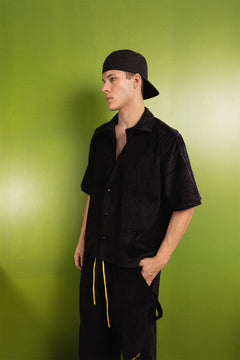 Boxy Fit Corduroy Button Down Shirt –Black
