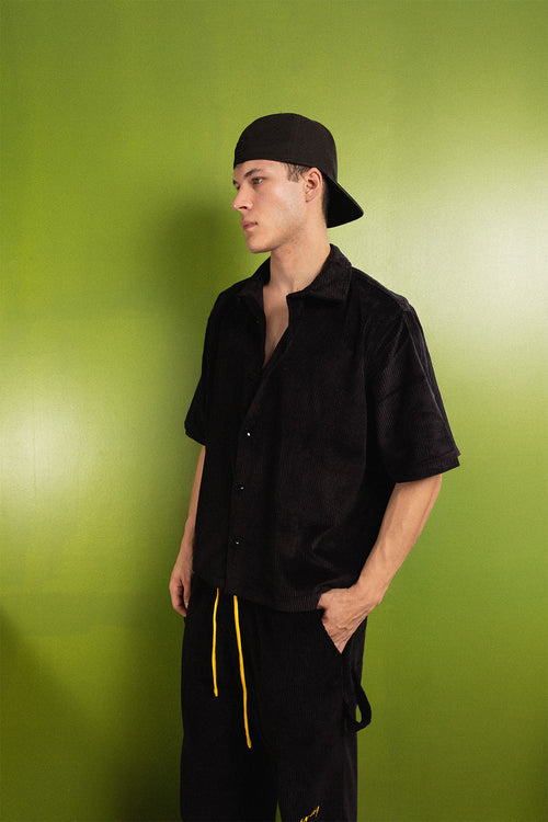 Boxy Fit Corduroy Button Down Shirt –Black