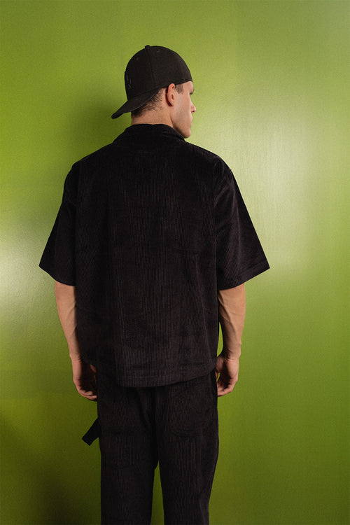 Boxy Fit Corduroy Button Down Shirt –Black