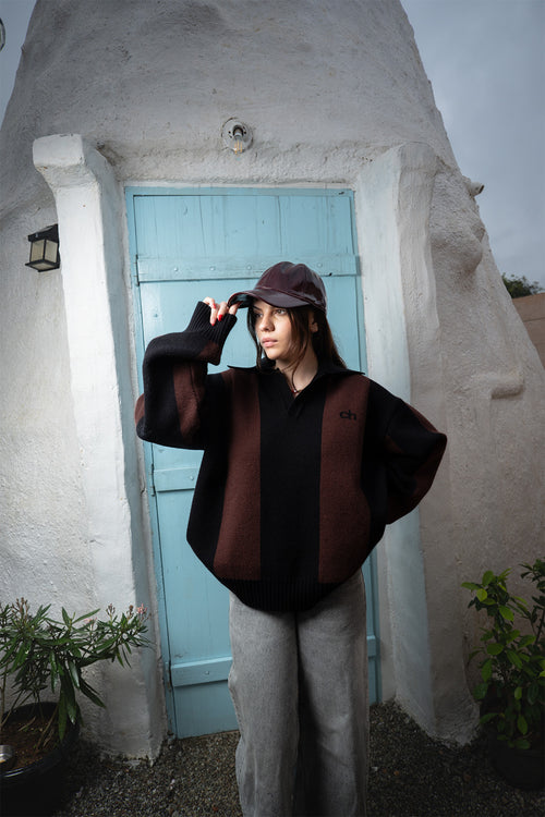 Deep Brown and Black Stripe Knit Polo Sweater