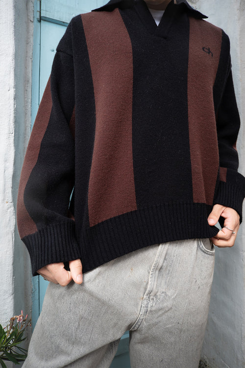 Deep Brown and Black Stripe Knit Polo Sweater