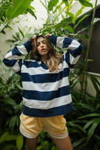 Denim Blue and White Stripes Fine-Knit Sweater