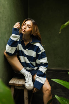 Denim Blue and White Stripes Fine-Knit Sweater