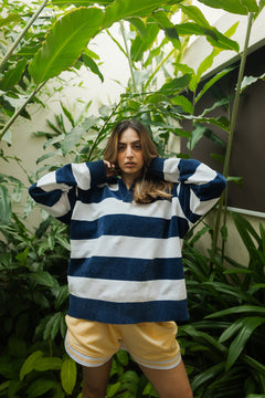 Denim Blue and White Stripes Fine-Knit Sweater