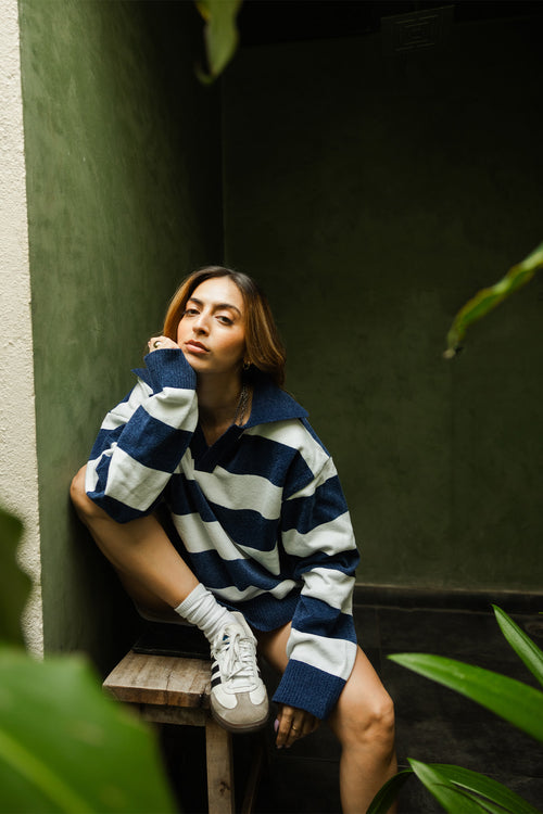 Denim Blue and White Stripes Fine-Knit Sweater