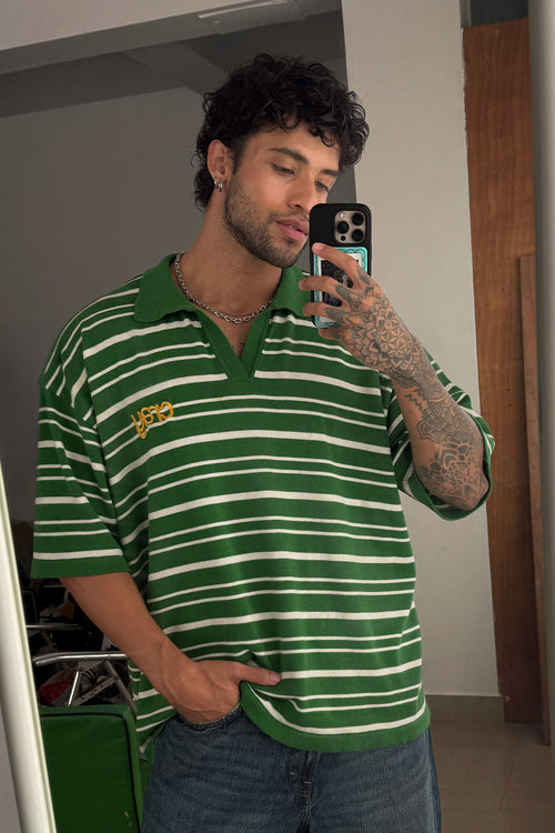 Drop Shoulder Striped Fine Knit Polo | Forest Green