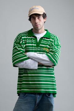 Drop Shoulder Striped Fine Knit Polo | Forest Green