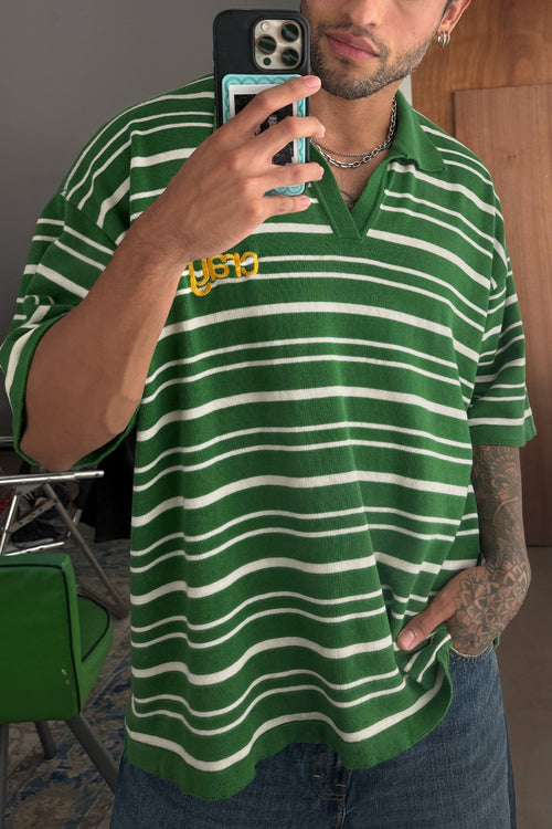 Drop Shoulder Striped Fine Knit Polo | Forest Green