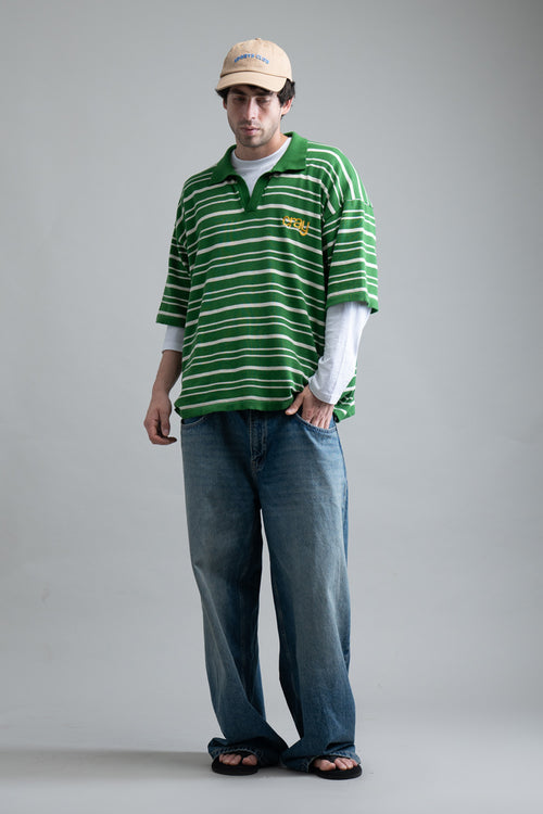 Drop Shoulder Striped Fine Knit Polo | Forest Green