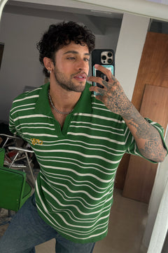 Drop Shoulder Striped Fine Knit Polo | Forest Green