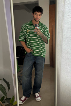 Drop Shoulder Striped Fine Knit Polo | Forest Green