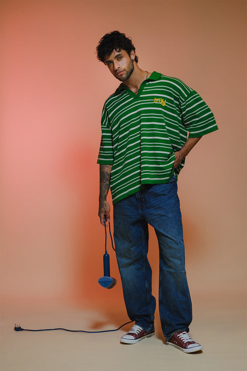 Drop Shoulder Striped Fine Knit Polo | Forest Green