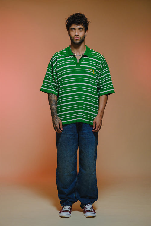 Drop Shoulder Striped Fine Knit Polo | Forest Green