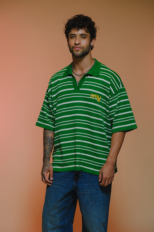 Drop Shoulder Striped Fine Knit Polo | Forest Green