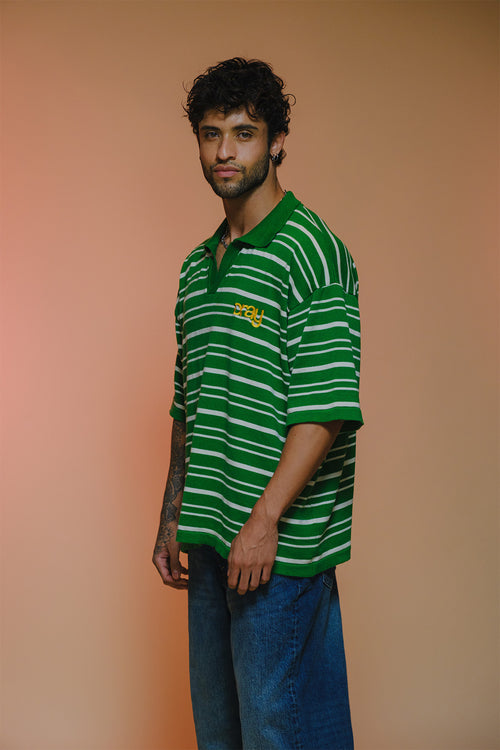 Drop Shoulder Striped Fine Knit Polo | Forest Green
