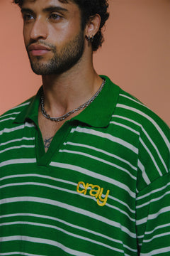 Drop Shoulder Striped Fine Knit Polo | Forest Green