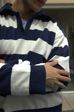 Denim Blue and White Stripes Fine-Knit Sweater