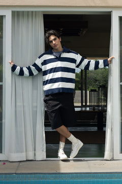 Denim Blue and White Stripes Fine-Knit Sweater