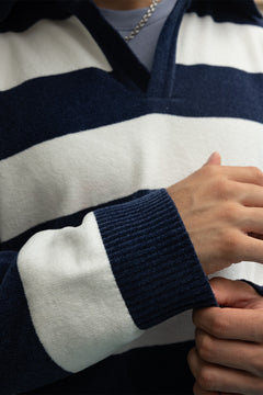 Denim Blue and White Stripes Fine-Knit Sweater