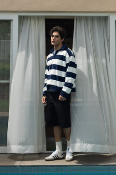 Denim Blue and White Stripes Fine-Knit Sweater