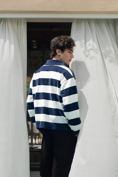 Denim Blue and White Stripes Fine-Knit Sweater