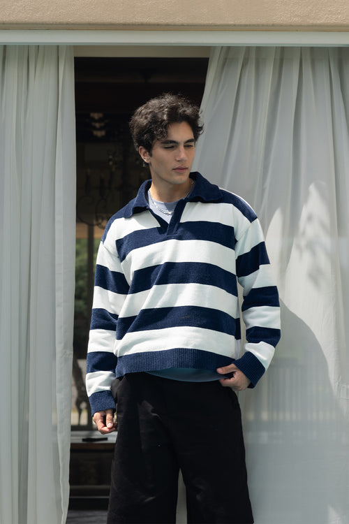 Denim Blue and White Stripes Fine-Knit Sweater