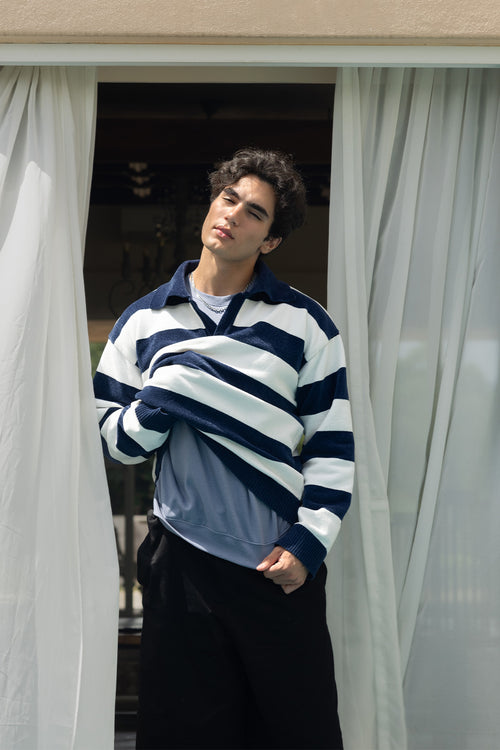 Denim Blue and White Stripes Fine-Knit Sweater