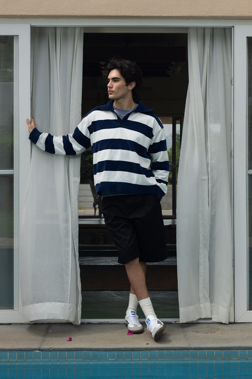 Denim Blue and White Stripes Fine-Knit Sweater