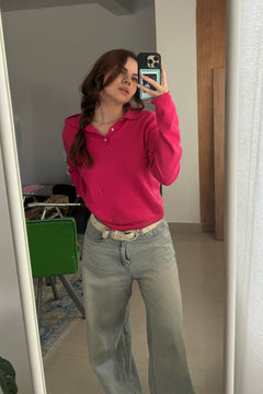 Fine Knit Long Sleeve Polo - Hot Pink