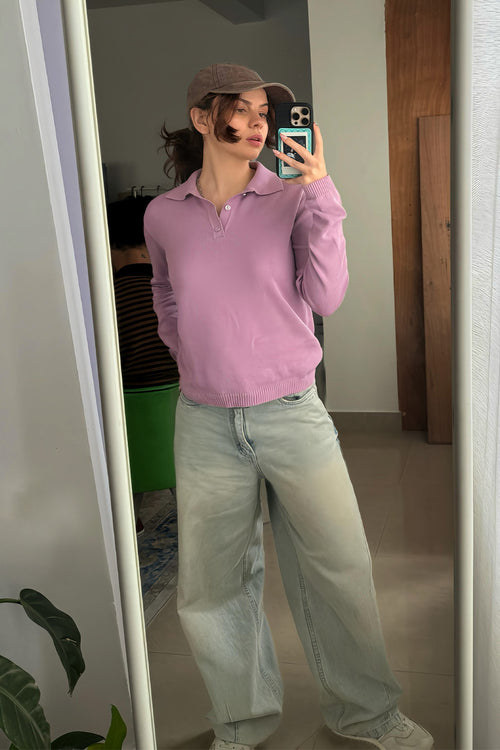 Fine Knit Long Sleeve Polo - Lilac
