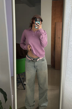Fine Knit Long Sleeve Polo - Lilac