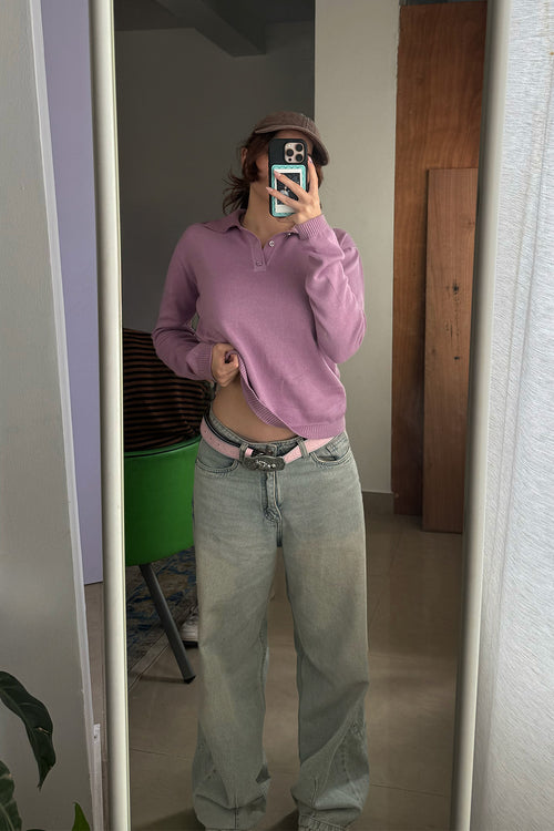 Fine Knit Long Sleeve Polo - Lilac