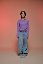 Fine Knit Long Sleeve Polo - Lilac