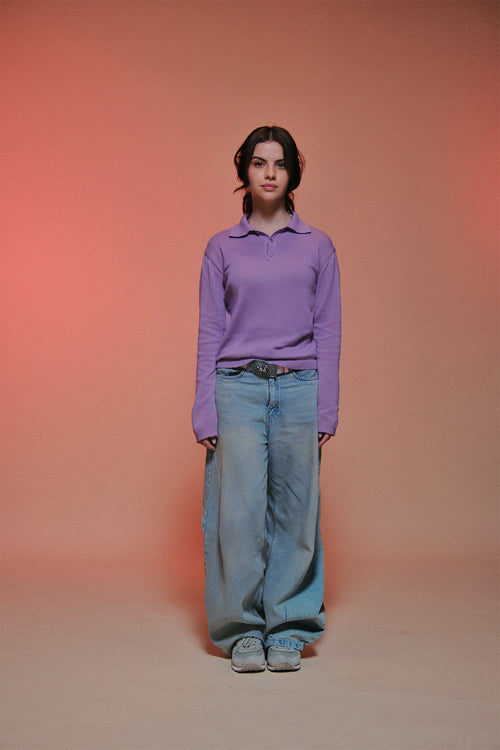 Fine Knit Long Sleeve Polo - Lilac