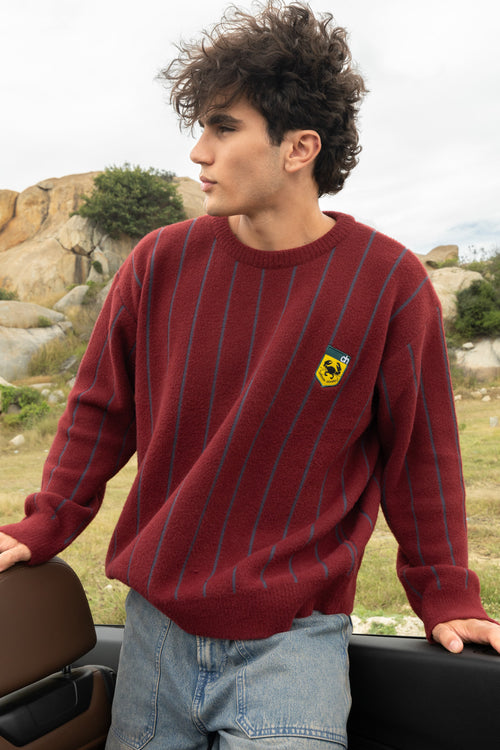 Maroon and Grey Vertical Stripe Jacquard Pullover