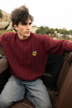 Maroon and Grey Vertical Stripe Jacquard Pullover