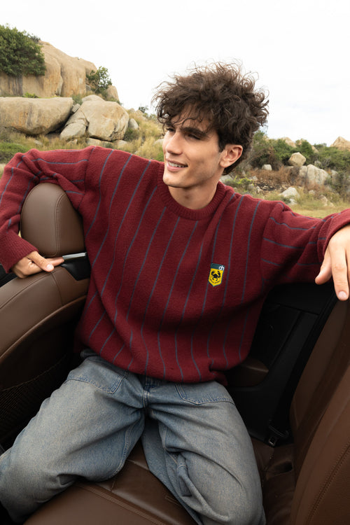 Maroon and Grey Vertical Stripe Jacquard Pullover