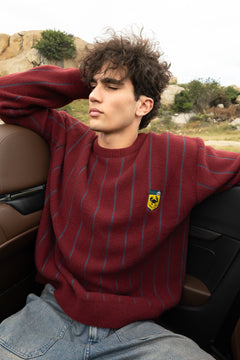 Maroon and Grey Vertical Stripe Jacquard Pullover