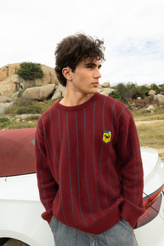 Maroon and Grey Vertical Stripe Jacquard Pullover