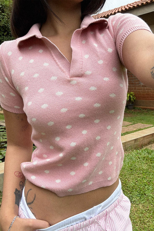 Fine Knit Polka Dot Polo | Pink