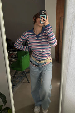 Striped Fine Knit Long Sleeve Polo
