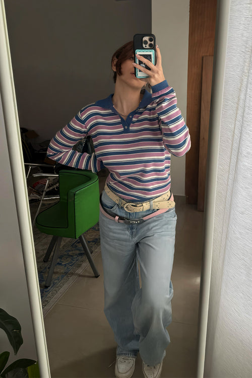 Striped Fine Knit Long Sleeve Polo