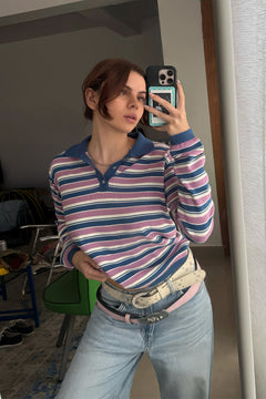 Striped Fine Knit Long Sleeve Polo
